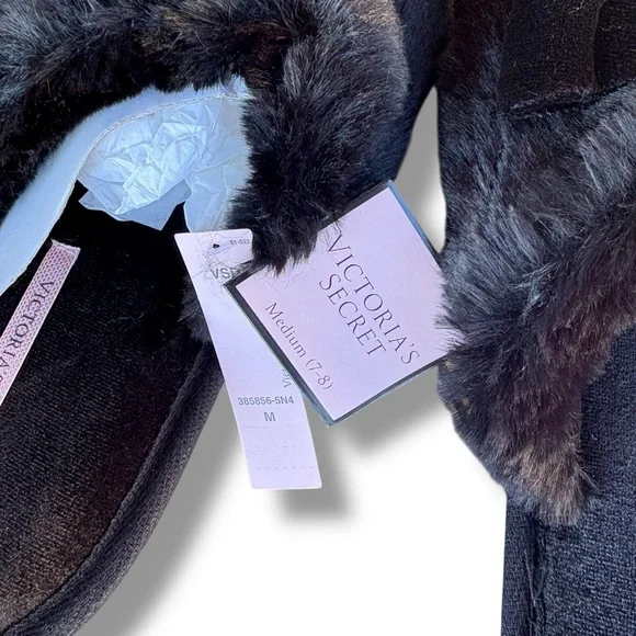 Victoria’s Secret Faux Fur Slippers Black Velvet Bow Medium 7-8 NWT Plush Cozy - Picture 6 of 6